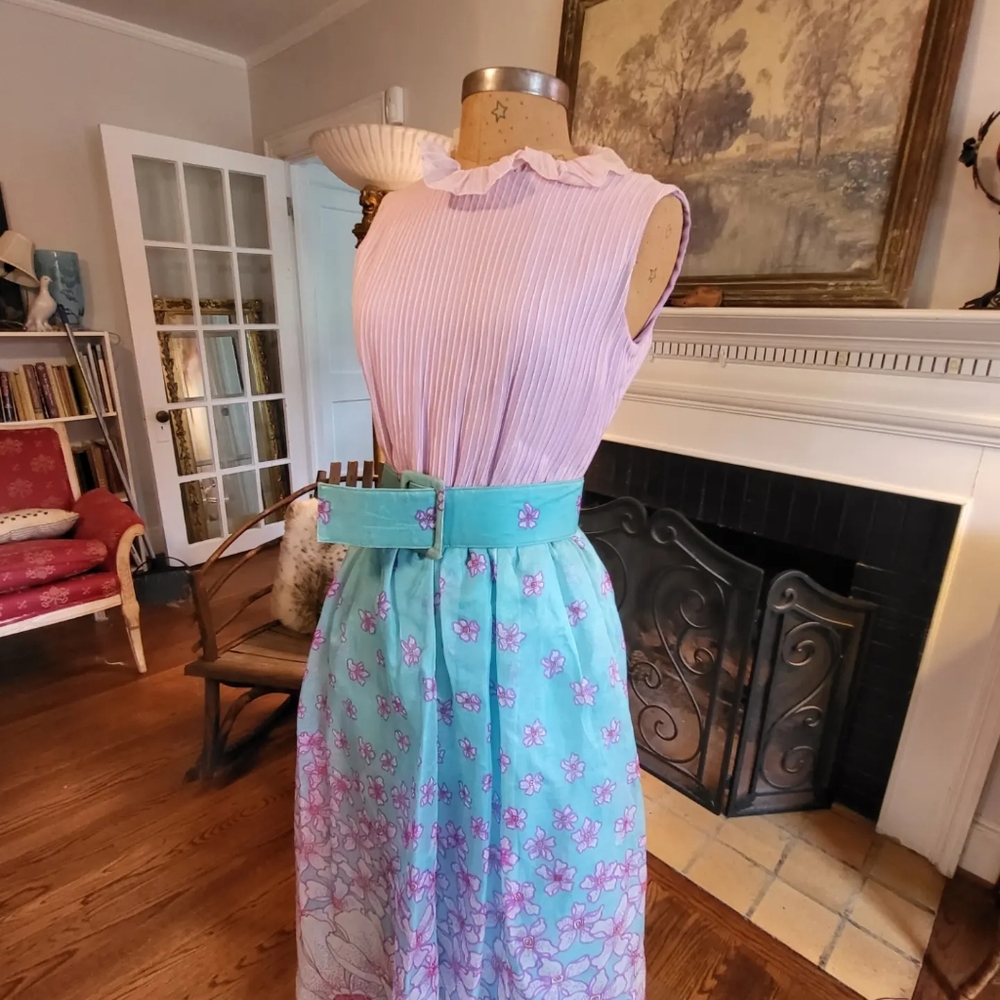 Montaldo lavender and aqua ruffle neck maxi dress with belt